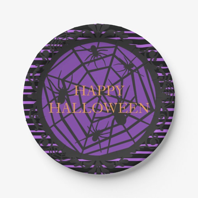 Assiettes En Carton Halloween Éffrayant Spiderweb noir et violet (Devant)