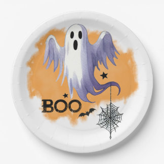 Assiettes En Carton HALLOWEEN Fantôme Avec Toile d'Araignée