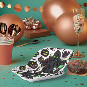 Assiettes En Carton Halloween fantôme noir