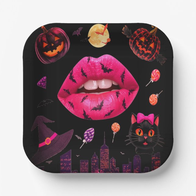 Assiettes En Carton Halloween féminin rose (Recto)
