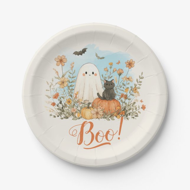 Assiettes En Carton Halloween floral Fantôme mou (Devant)