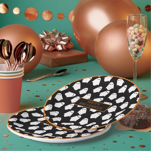 Assiettes En Carton Halloween Ghost Monogramme Éffrayant noir blanc am (Multi)