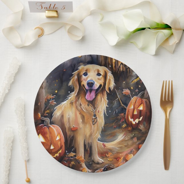 Assiettes En Carton Halloween Golden Retriever avec la peur Citrouille (Mariage)