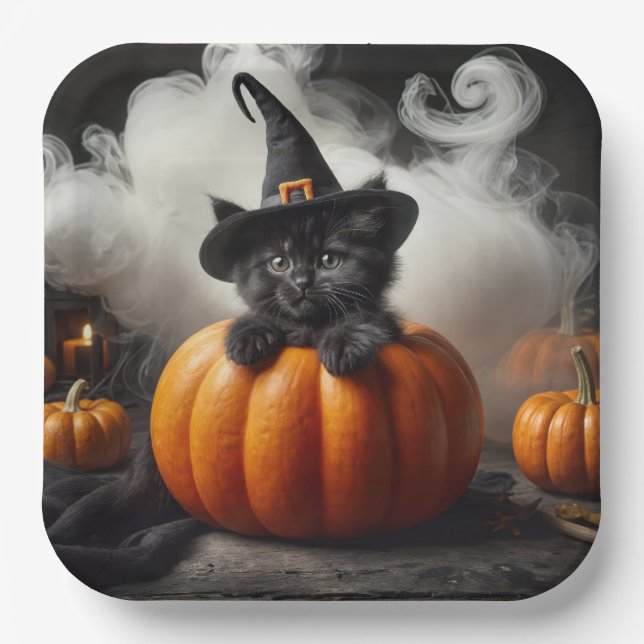 Assiettes En Carton Halloween Kitten noir en Citrouille (Recto)
