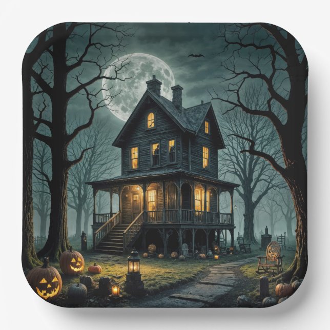 Assiettes En Carton Halloween Maison hantée avec Jack-o-lanterns (Recto)