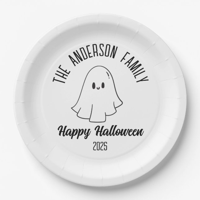 Assiettes En Carton Halloween mignon fantôme Nom personnalisé Année (Devant)