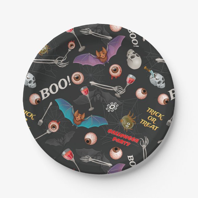 Assiettes En Carton Halloween moderne Icônes Crâne Bat Eyeballs (Devant)