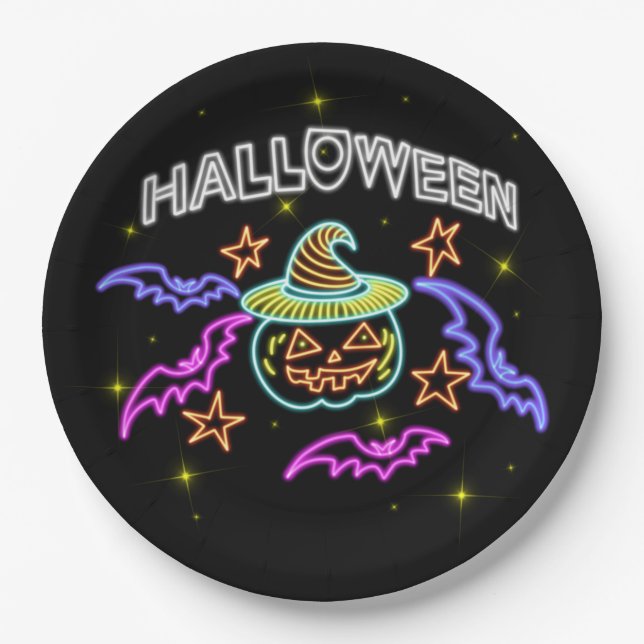 Assiettes En Carton Halloween Neon Look Citrouille Casquette Bats Part (Devant)