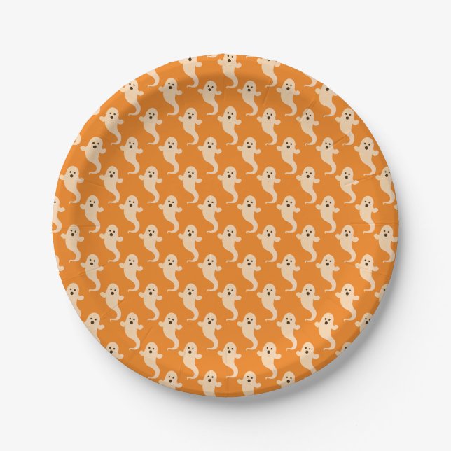 Assiettes En Carton Halloween Orange et le Motif fantôme blanc (Devant)