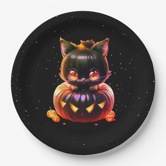 Assiettes En Carton Halloween Party Chat noir Citrouille Horreur (Devant)