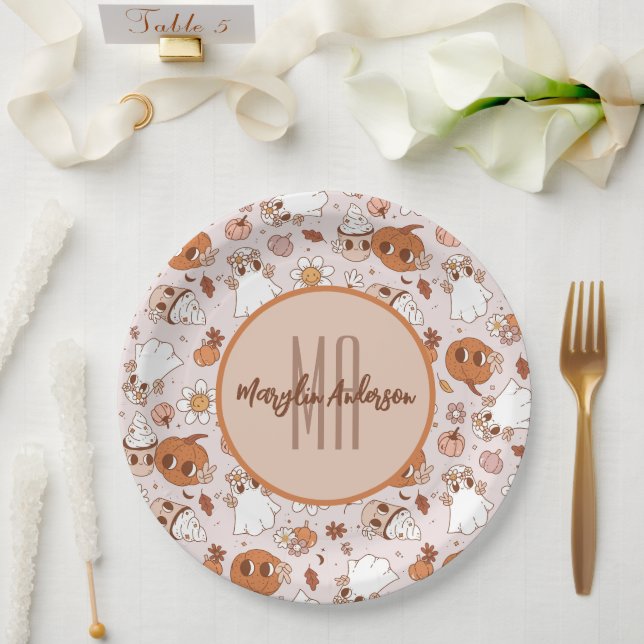 ASSIETTES EN CARTON HALLOWEEN RETRO CITROUILLES SUPER ET GHOSTS (Mariage)
