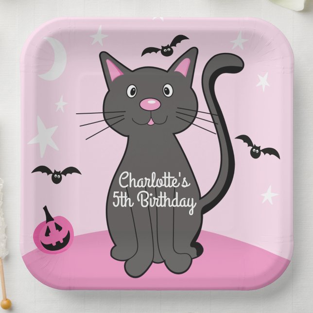 Assiettes En Carton Halloween rose Chat noir Anniversaire fille (Créateur téléchargé)