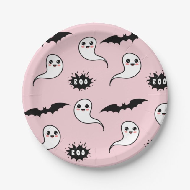 Assiettes En Carton Halloween rose et noir (Devant)