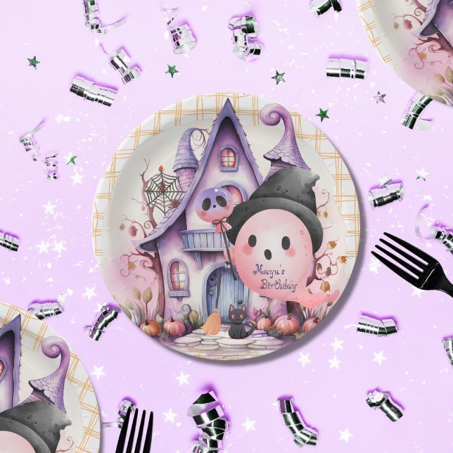 Assiettes En Carton Halloween rose manoir fantôme mignon anniversaire (Halloween paper plates ghost mansion
)