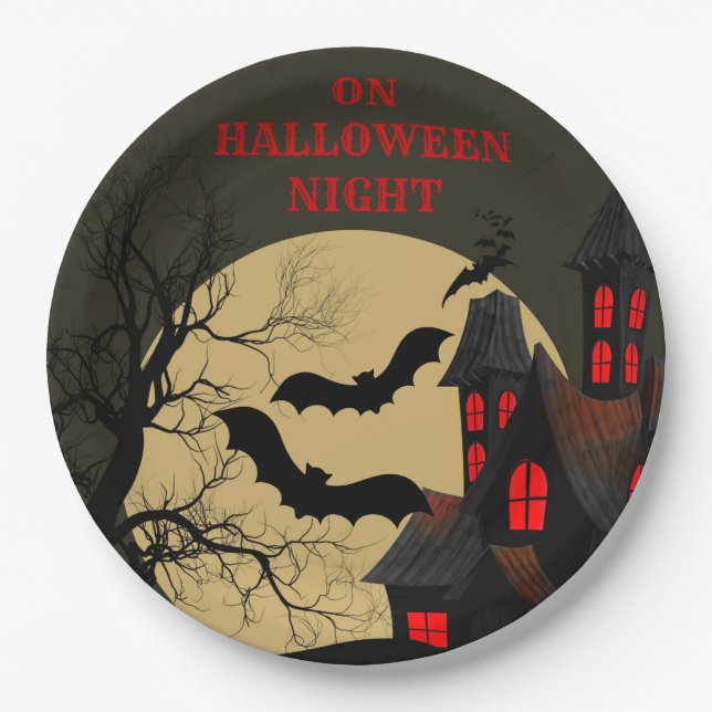 Assiettes En Carton Halloween Rouge noir Haunted Maison Pleine lune ch (Devant)