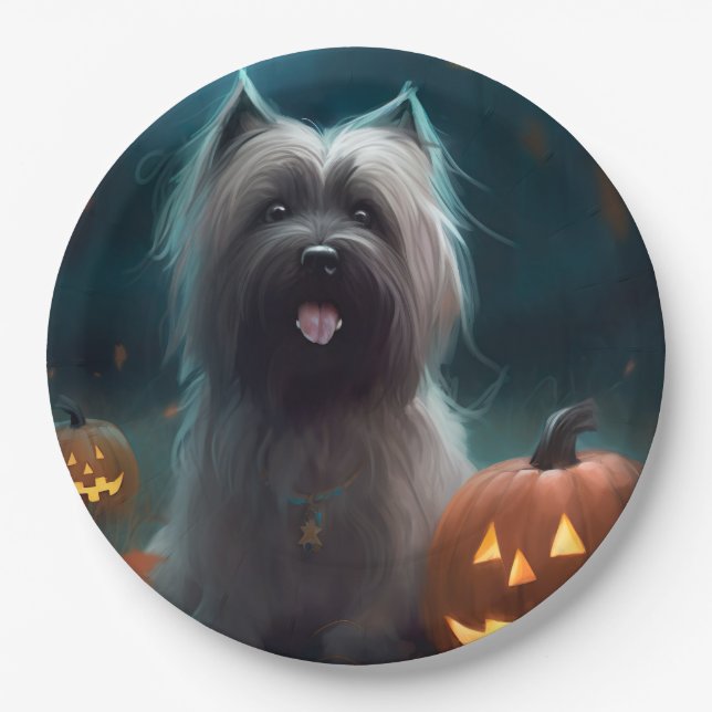 Assiettes En Carton Halloween Skye Terrier Avec La Peur Citrouille (Devant)