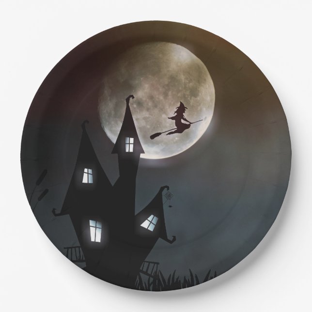 Assiettes En Carton Halloween sorcière Pleine lune (Devant)