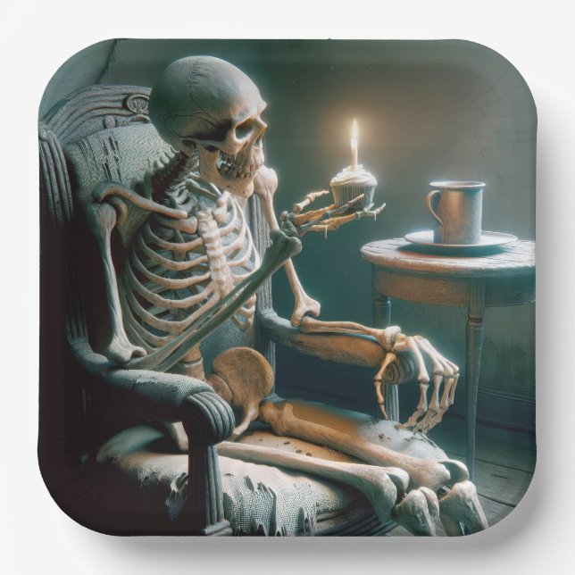 Assiettes En Carton Halloween Squelette d'anniversaire (Recto)