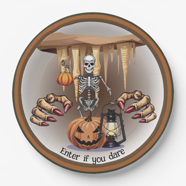 Assiettes En Carton Halloween Squelette Trick ou le traitement (Devant)