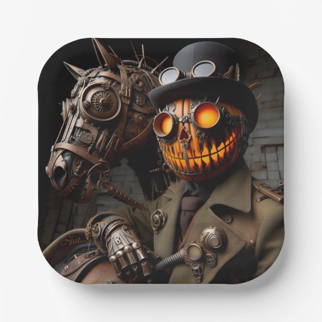 Assiettes En Carton Halloween Steampunk Jack-O-Lantern Horseman (Recto)