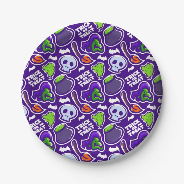 Assiettes En Carton Halloween Thème sorcières et crânes (Devant)