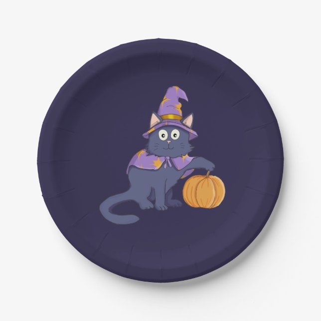 Assiettes En Carton Halloween Wizard Chat avec Citrouille (Devant)