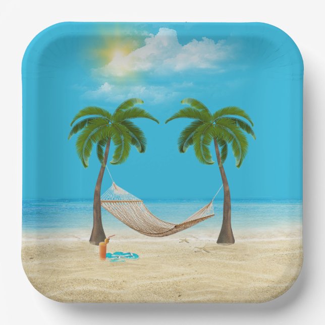 Assiettes En Carton Hamac sur la plage tropicale (Recto)