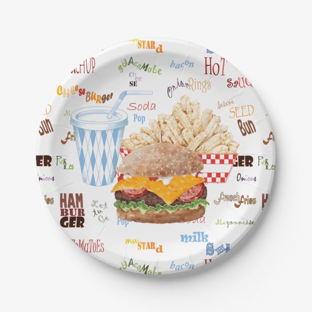 Assiettes En Carton Hamburger Fries Restauration rapide BBQ Diner (Devant)