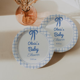 Assiettes En Carton Hand Drawn Blue Gingham Bow Baby Shower