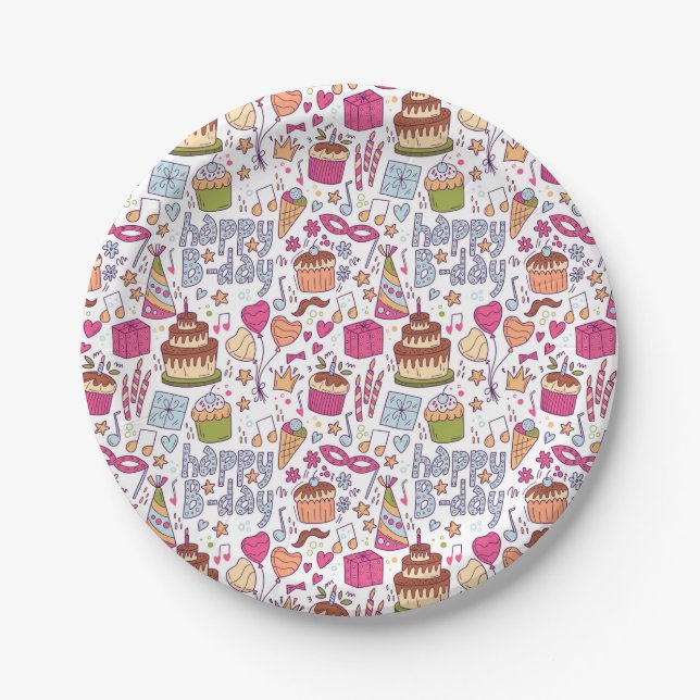 Assiettes En Carton Hand Drawn Doodle Fun Happy Birthday  (Devant)