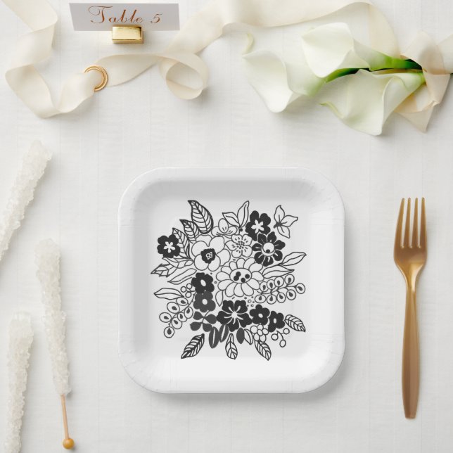 Assiettes En Carton Hand Drawn Floral Motif  (Mariage)