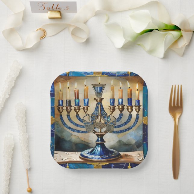 Assiettes En Carton Hanoukka bleue Menorah (Mariage)