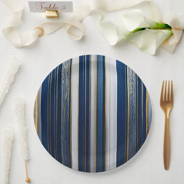 Assiettes En Carton Hanoukka Blues Stripes Bleu Blanc Or (Mariage)