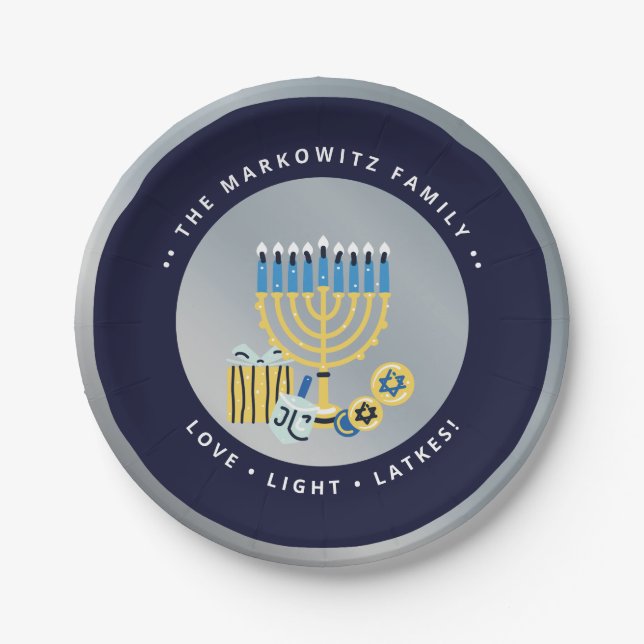 Assiettes En Carton Hanoukka Chanukah Personnalisé Menorah Dreidel  (Devant)
