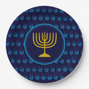 Assiettes En Carton HANOUKKA Dreidel Menorah Israel Argent bleu