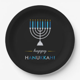 Assiettes En Carton Hanoukka heureux moderne Menorah argenté sur le