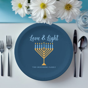 Assiettes En Carton Hanoukka Love & Light Custom Menorah Blue Party