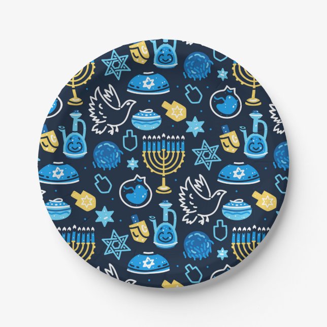 Assiettes En Carton Hanoukka Symboles Motif bleu (Devant)