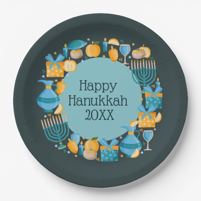 Assiettes En Carton Hanoukka Wreath Blue (Devant)