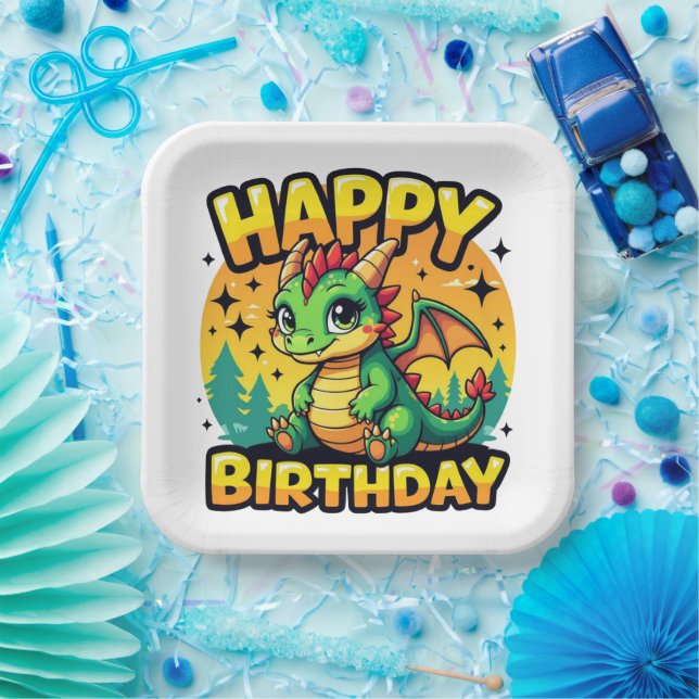 Assiettes En Carton Happy Birthday Dragon (Fête)