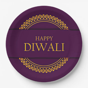 Assiettes En Carton Happy Diwali Purple Gold Elegant 9"