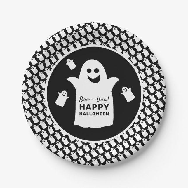 Assiettes En Carton Happy Ghost, Black Halloween Party (Devant)