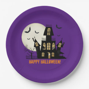 Assiettes En Carton Happy Halloween Chat noir Éffrayant Maison hanté