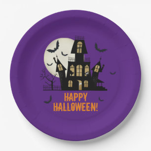 Assiettes En Carton Happy Halloween Chat noir Éffrayant Maison hantée
