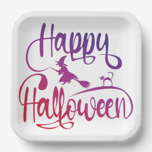 Assiettes En Carton Happy Halloween dégradé volant sorcière chat