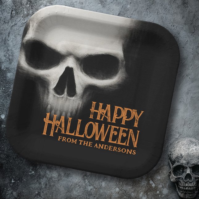 Assiettes En Carton Happy Halloween déplaisant crâne fantôme noir oran (Happy Halloween creepy ghost skull black orange Paper Plates)