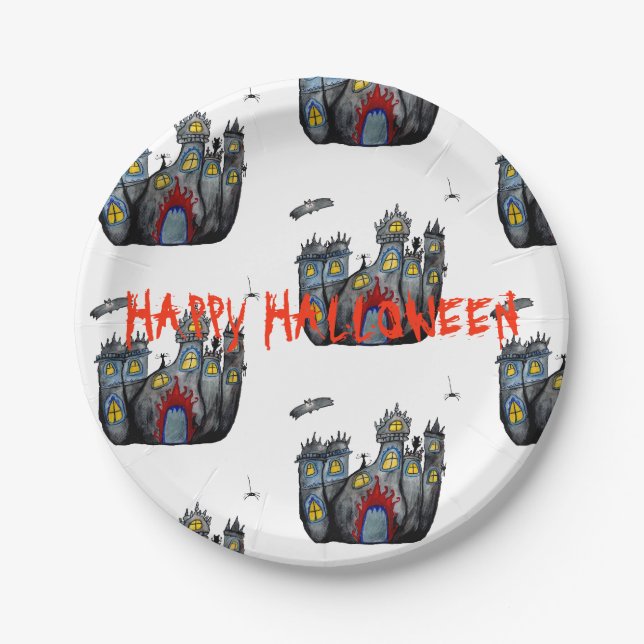 Assiettes En Carton Happy Halloween Éffrayant Castle Plaques de papier (Devant)