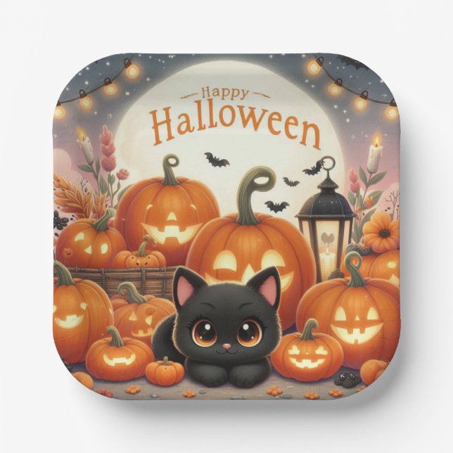 Assiettes En Carton Happy Halloween mignonne Chat noir, Citrouille (Recto)