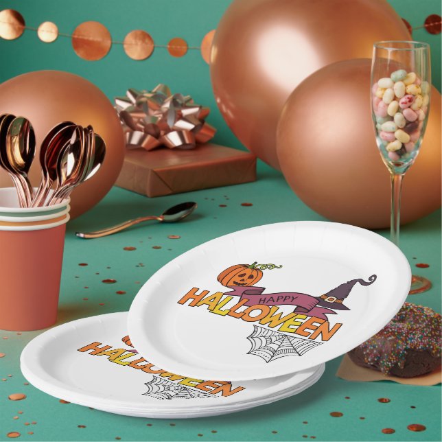 Assiettes En Carton Happy Halloween Salutation, Citrouille, Spiderweb  (Multi)