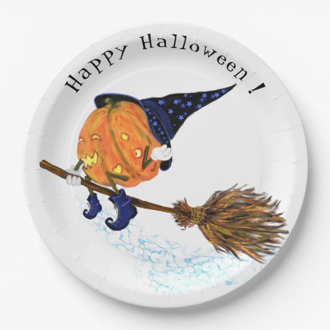 Assiettes En Carton Happy Halloween sorcière Citrouille Volant Chambre (Devant)